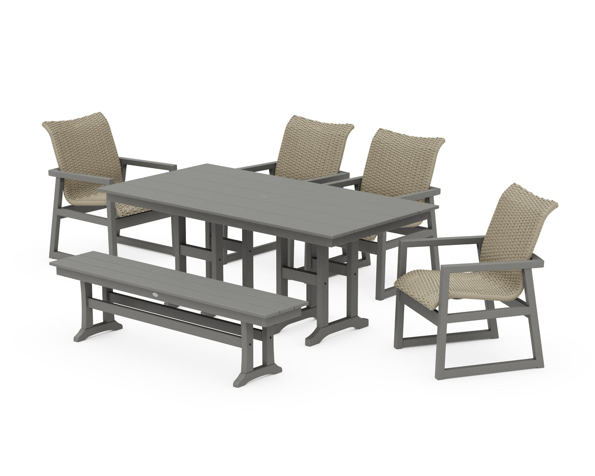 POLYWOOD EDGE Woven 6-Piece Farmhouse Dining Set with Bench in Slate Grey / Dune Grass