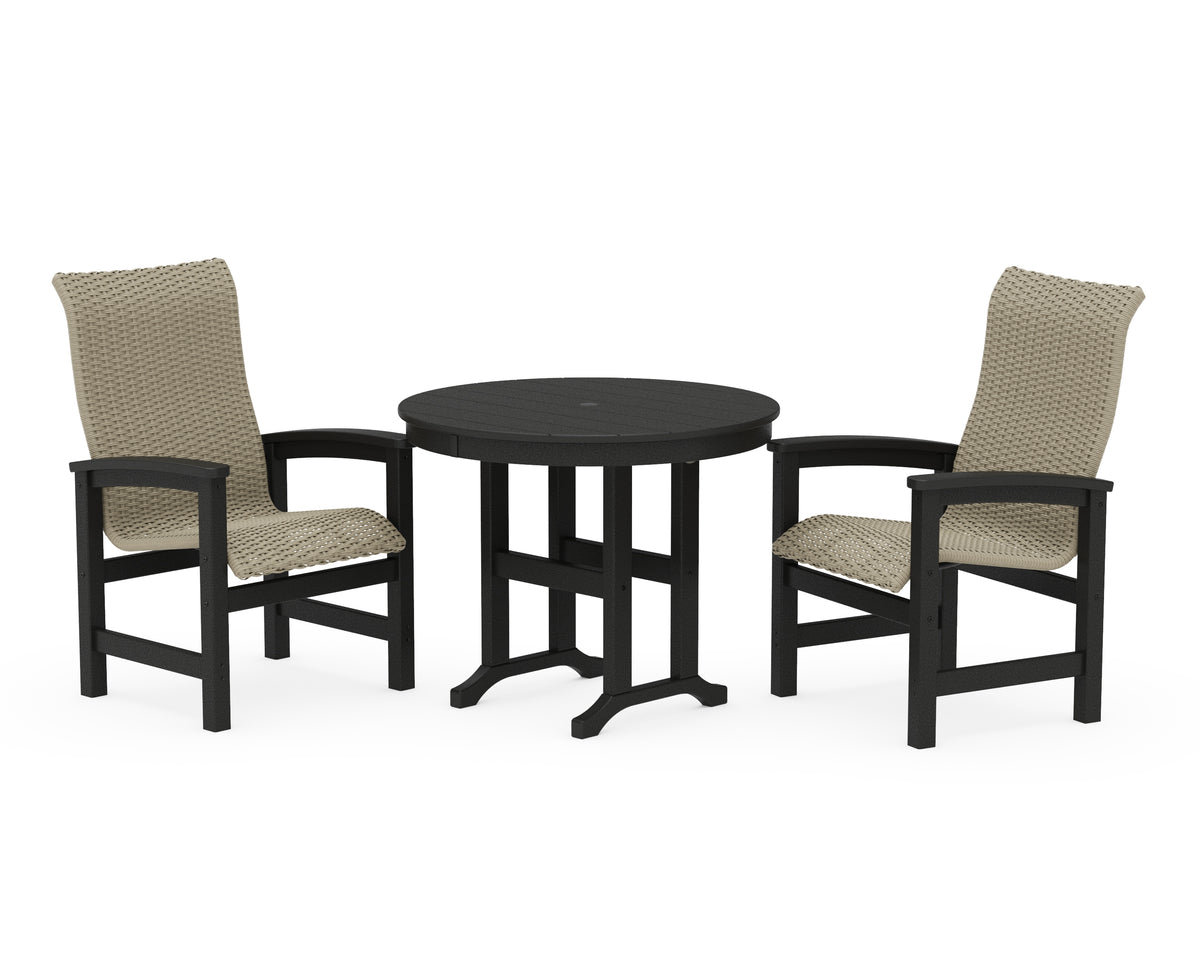 POLYWOOD Coastal Woven High-Back 3-Piece Farmhouse Dining Set in Black / Dune Grass