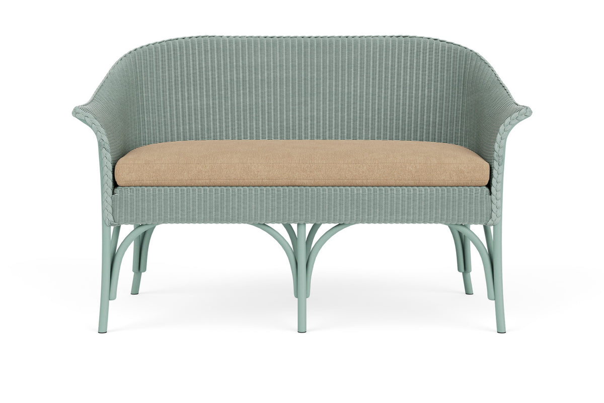 Lloyd Flanders All Seasons Settee in Sea Glass with Hayden Sand fabric