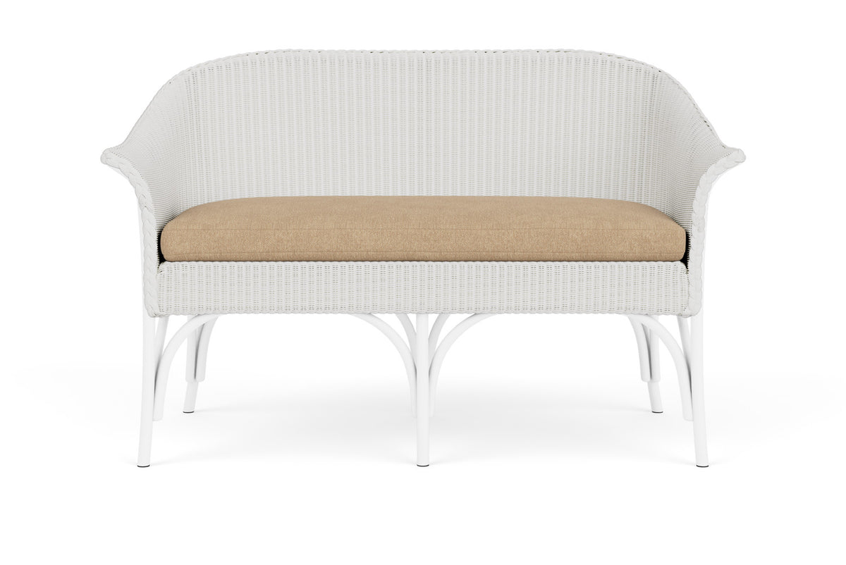 Lloyd Flanders All Seasons Settee in Matte White with Hayden Sand fabric