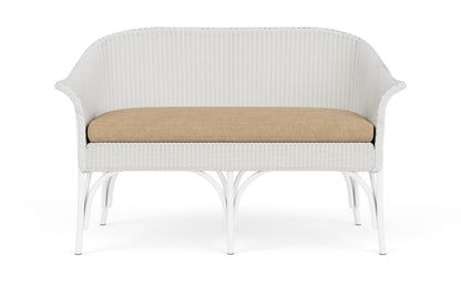 Lloyd Flanders All Seasons Settee in Matte White with Hayden Sand fabric