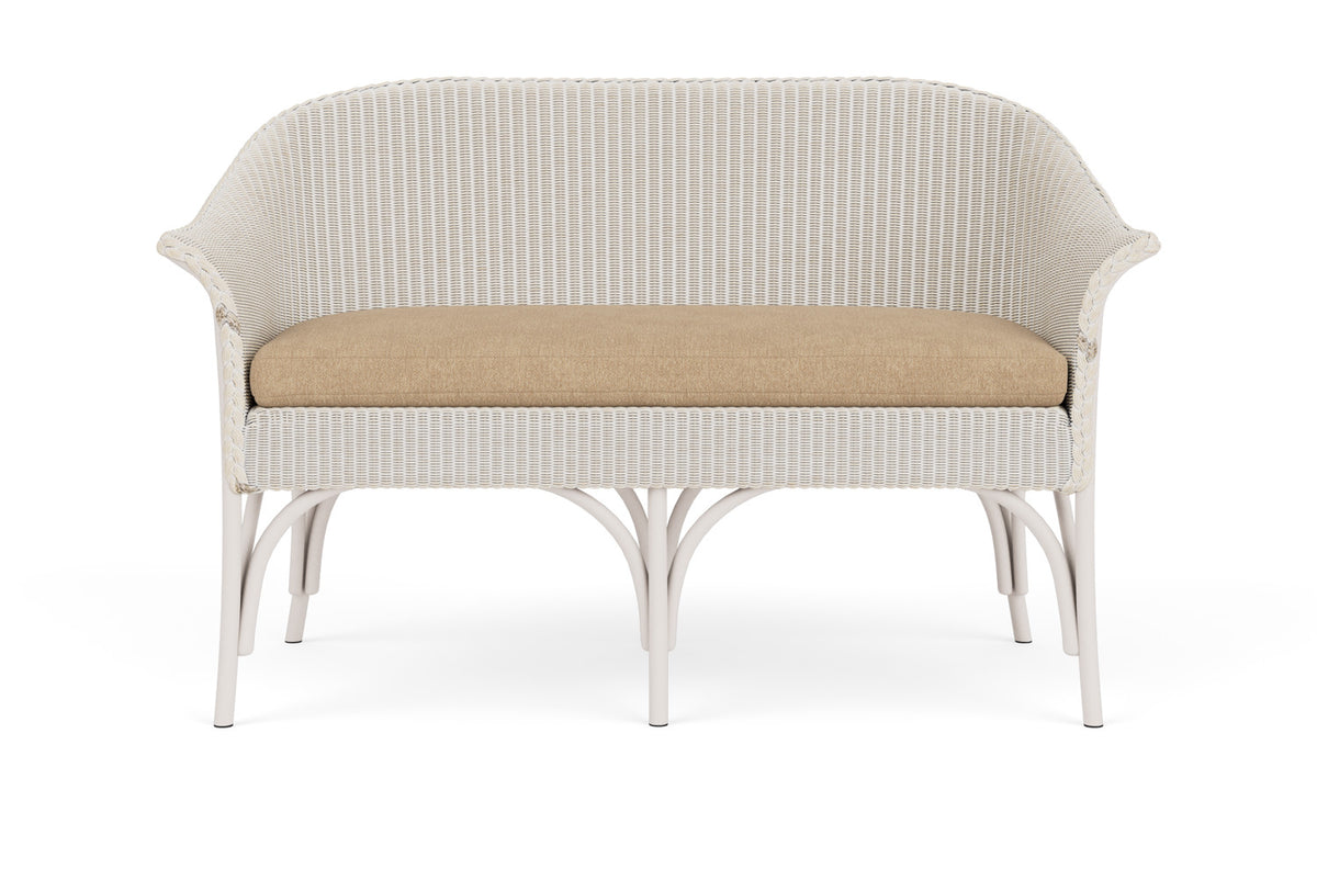 Lloyd Flanders All Seasons Settee in Antique White with Hayden Sand fabric