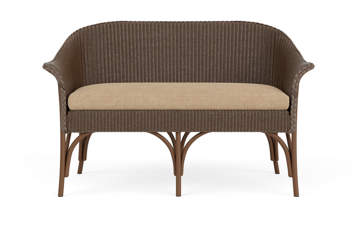 Lloyd Flanders All Seasons Settee in Bark with Hayden Sand fabric