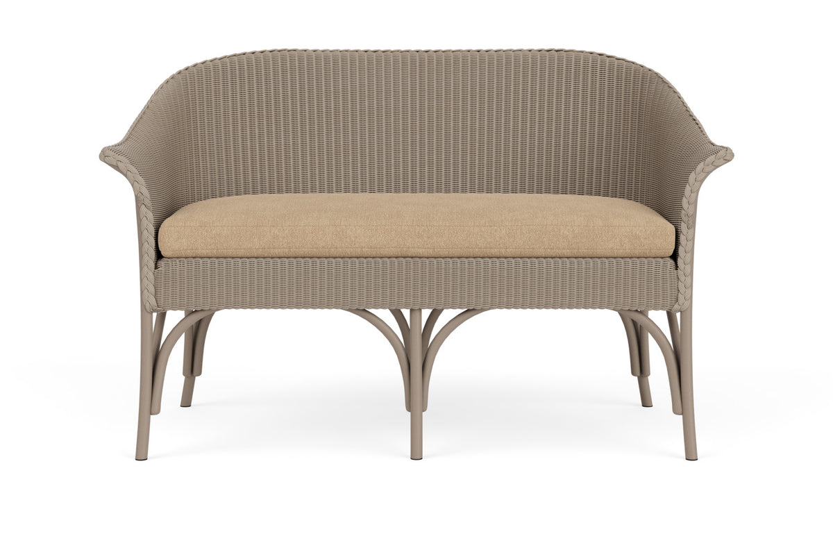 Lloyd Flanders All Seasons Settee in French Beige with Hayden Sand fabric