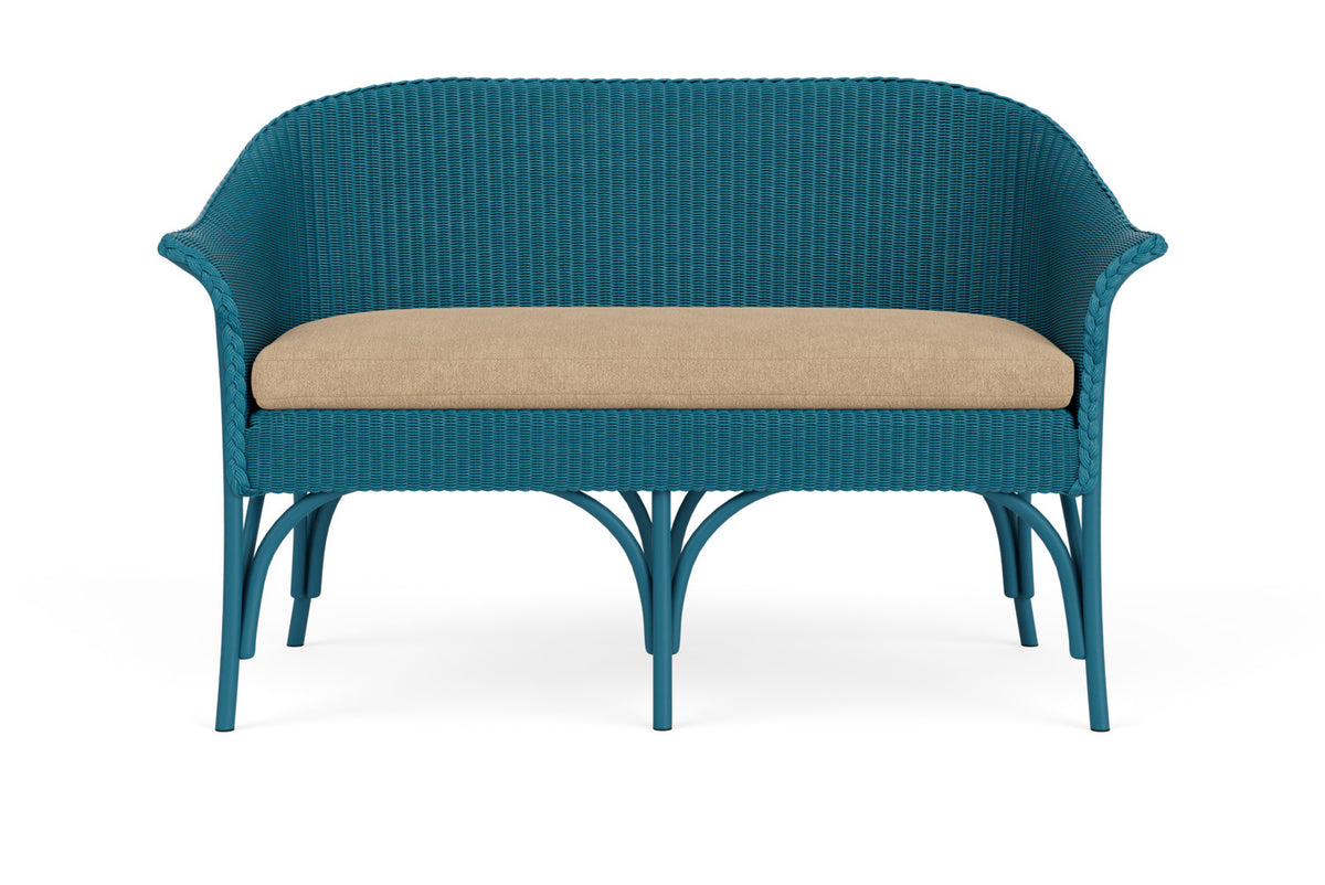 Lloyd Flanders All Seasons Settee in Peacock with Hayden Sand fabric