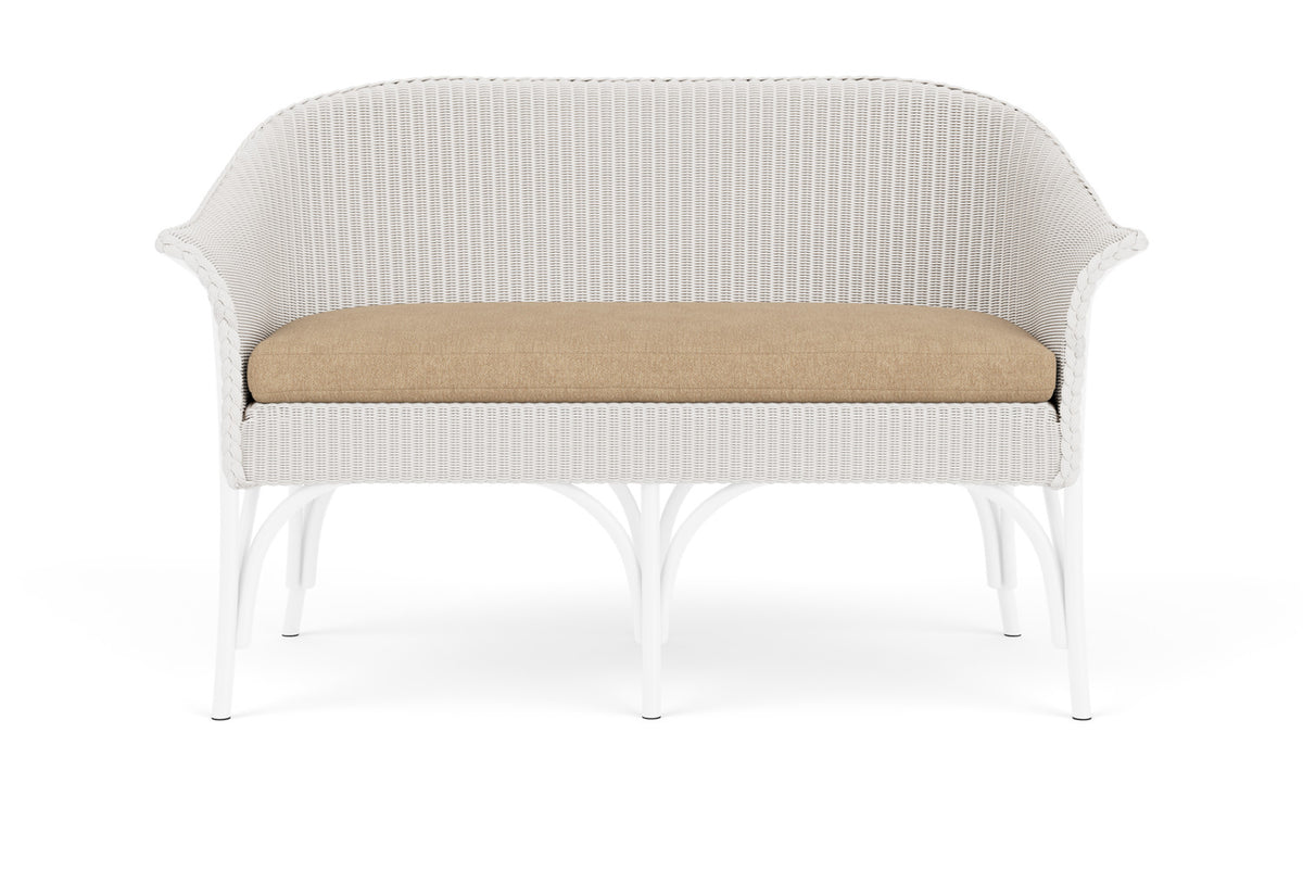 Lloyd Flanders All Seasons Settee in White with Hayden Sand fabric