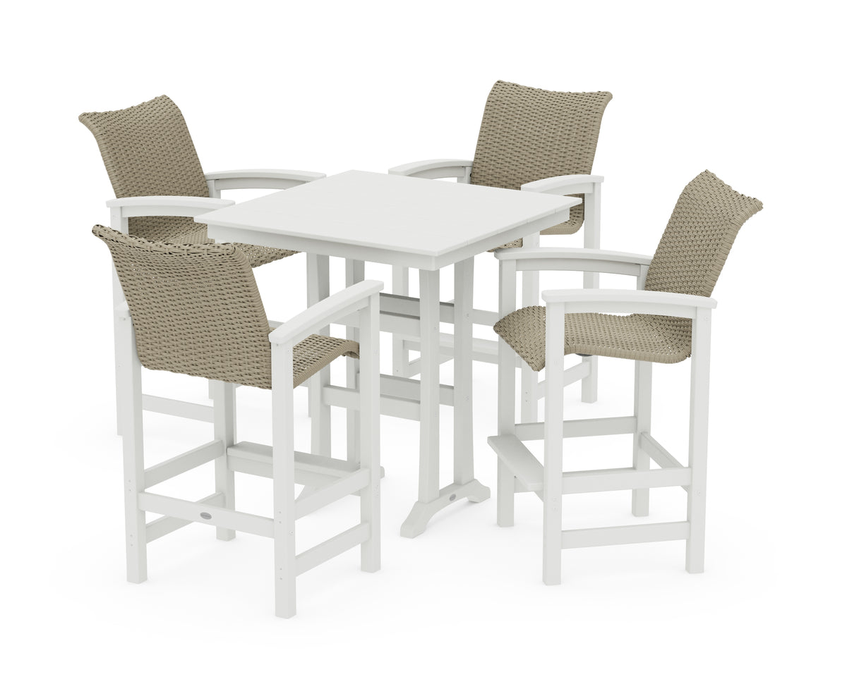 POLYWOOD Coastal Woven 5-Piece Farmhouse Bar Set with Trestle Legs in Vintage White / Dune Grass