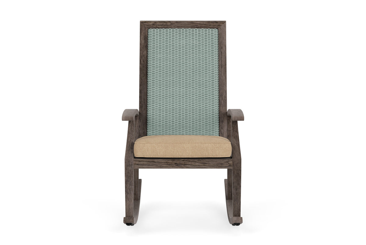 Lloyd Flanders Frontier High Back Porch Rocker in Sea Glass with Hayden Sand fabric