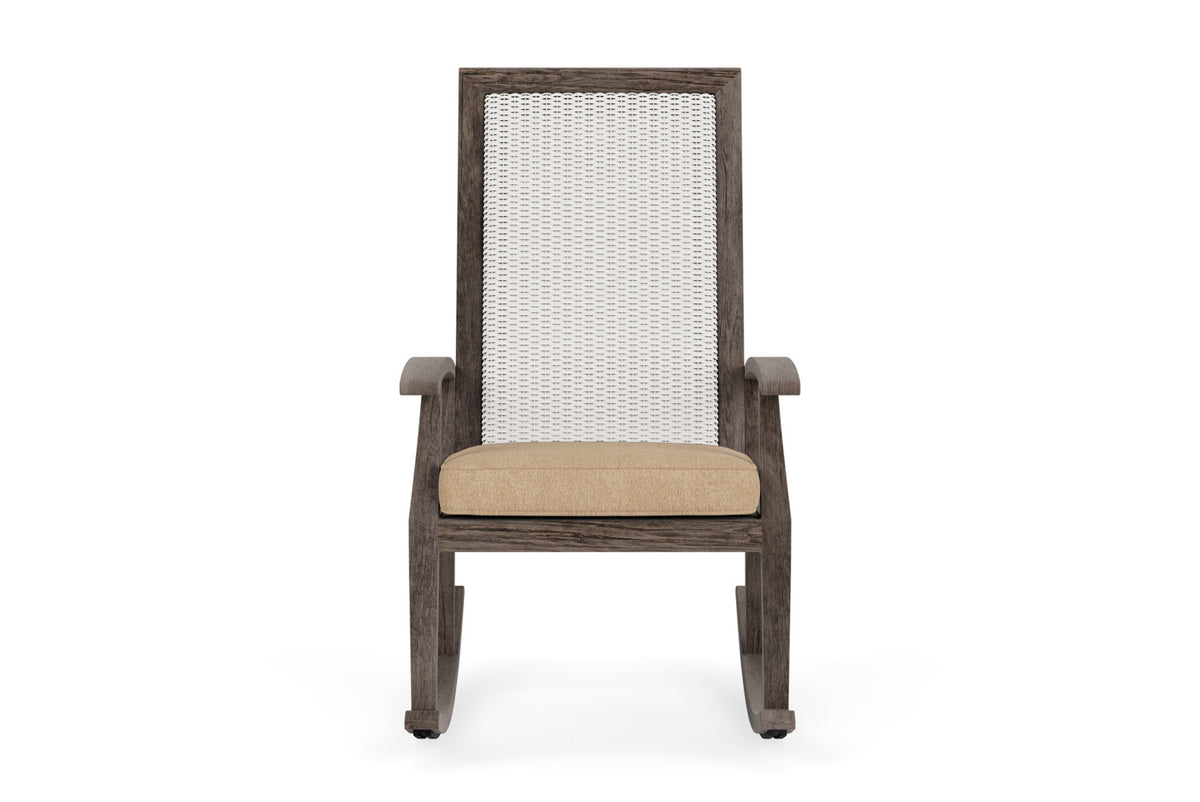 Lloyd Flanders Frontier High Back Porch Rocker in White with Hayden Sand fabric