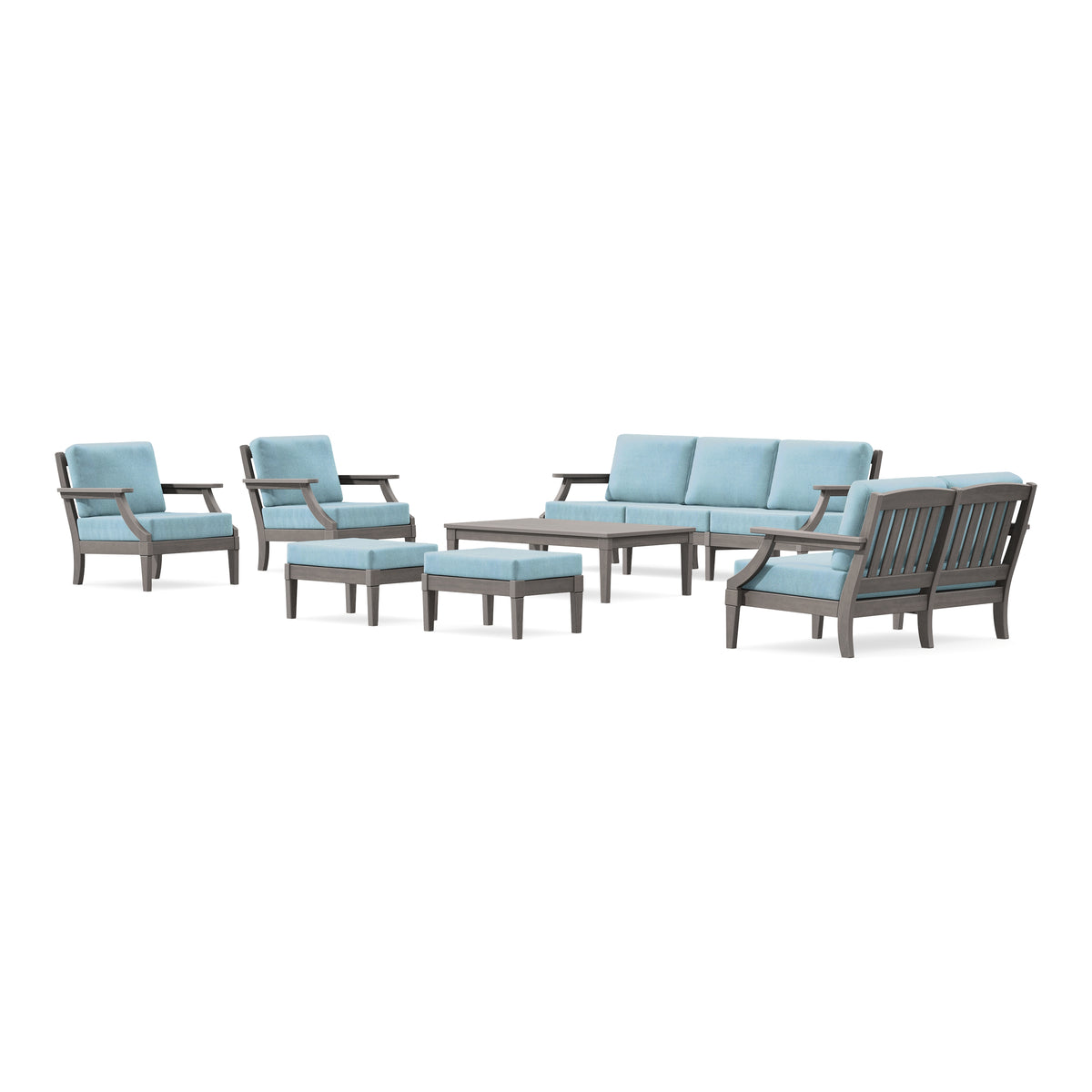 POLYWOOD PW Designer Series Estate 7-Piece Lounge Sofa Set in Driftwood / Lattice Sky Blue