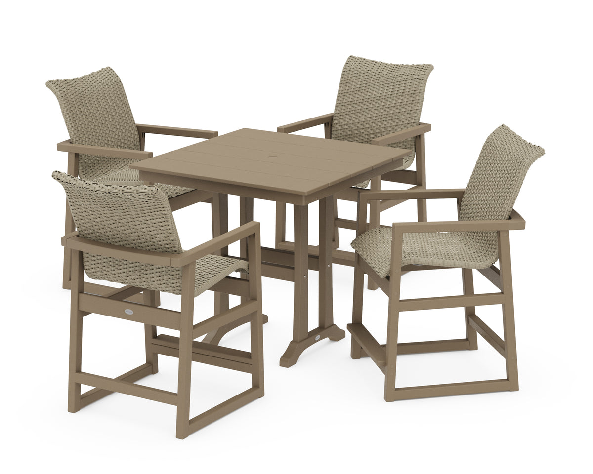 POLYWOOD EDGE Woven 5-Piece Farmhouse Counter Set with Trestle Legs in Vintage Sahara / Dune Grass