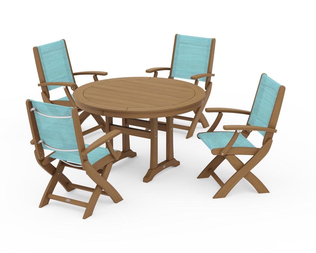 POLYWOOD Coastal Folding Chair 5-Piece Round Dining Set with Trestle Legs in Natural / Dupioni Aquamarine