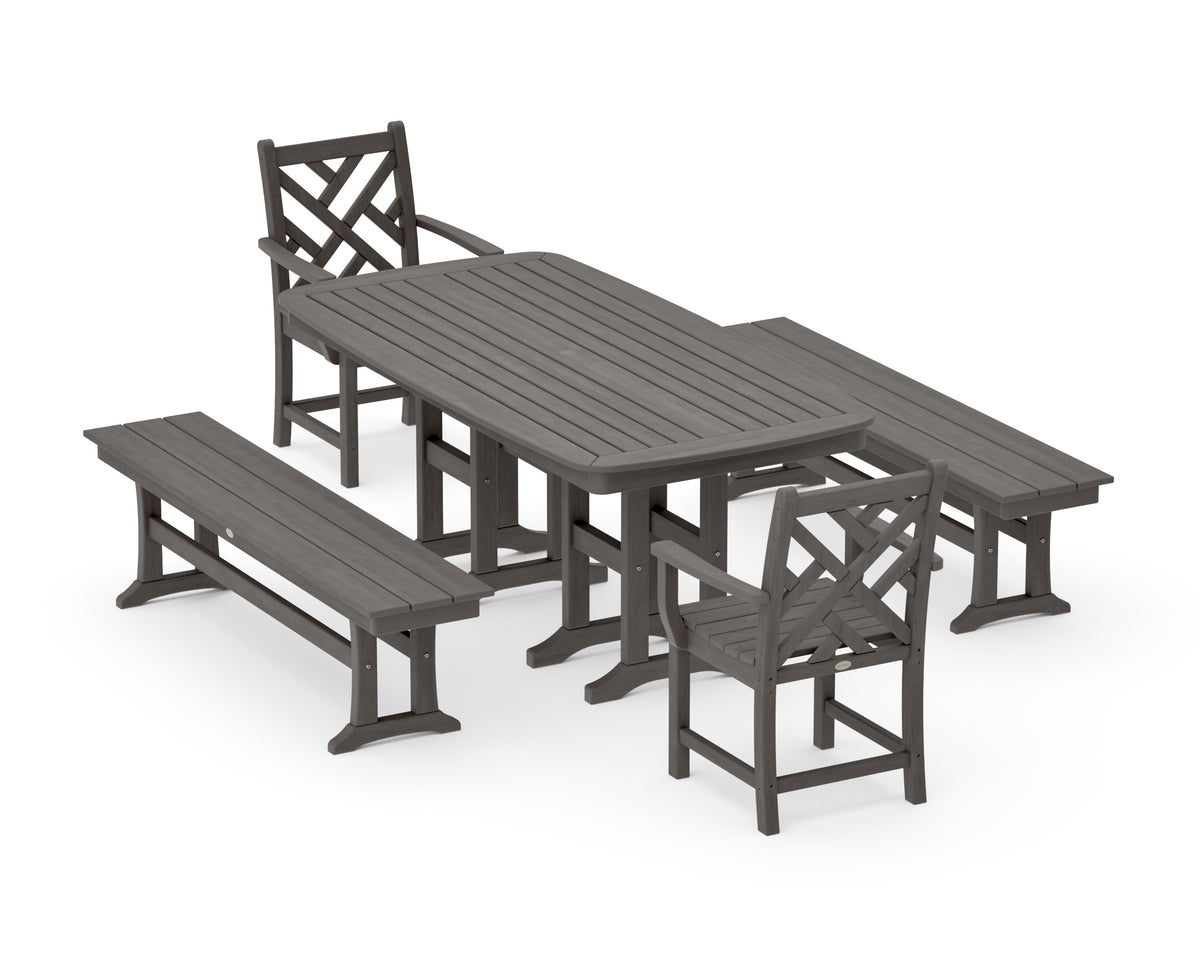 POLYWOOD Chippendale 5-Piece Dining Set with Benches - 37" x 72" Table in Driftwood