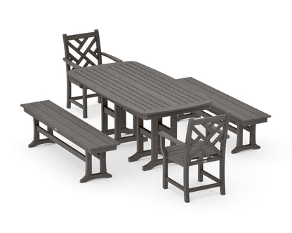 POLYWOOD Chippendale 5-Piece Dining Set with Benches - 37" x 72" Table in Driftwood