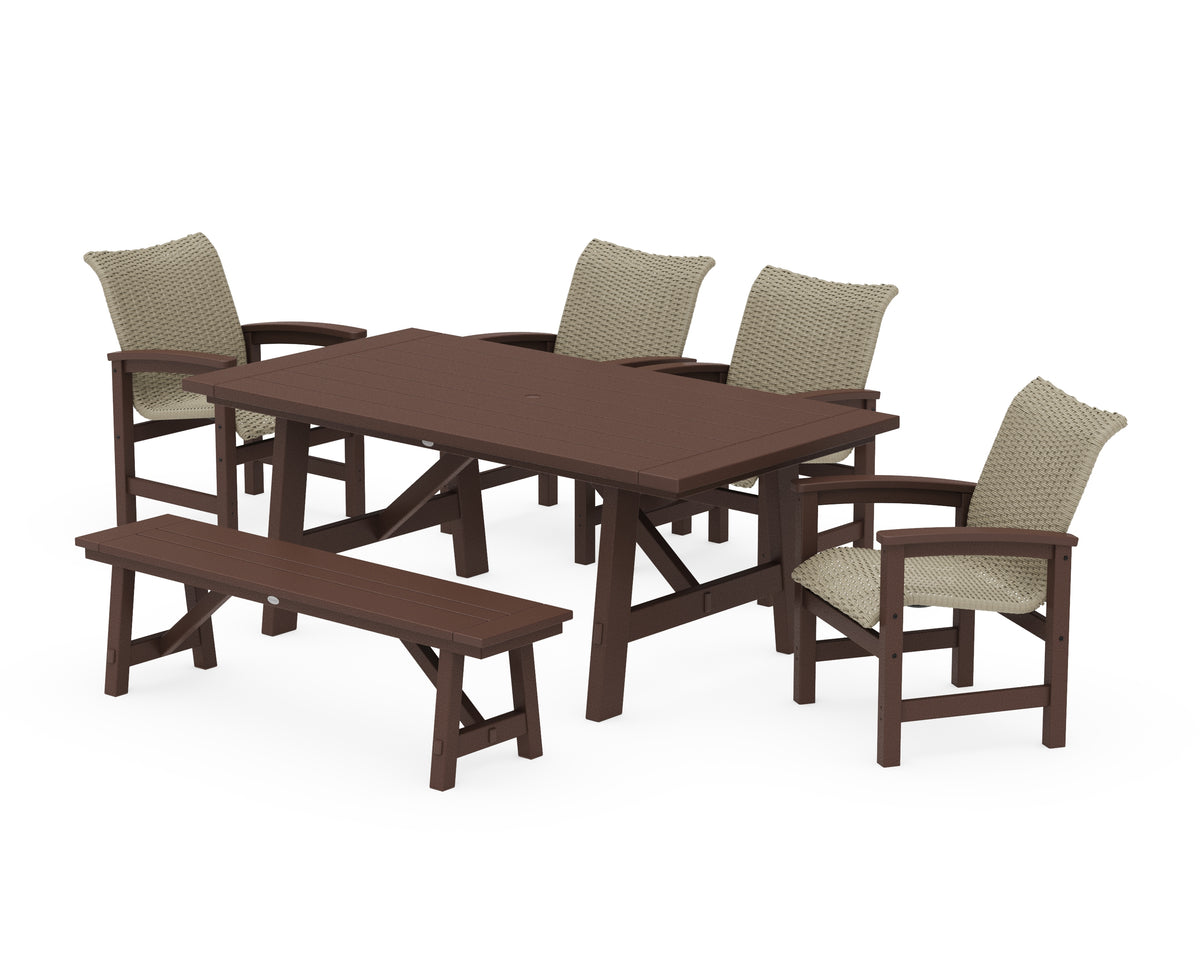 POLYWOOD Coastal Woven 6-Piece Rustic Farmhouse Dining Set with Bench in Mahogany / Dune Grass