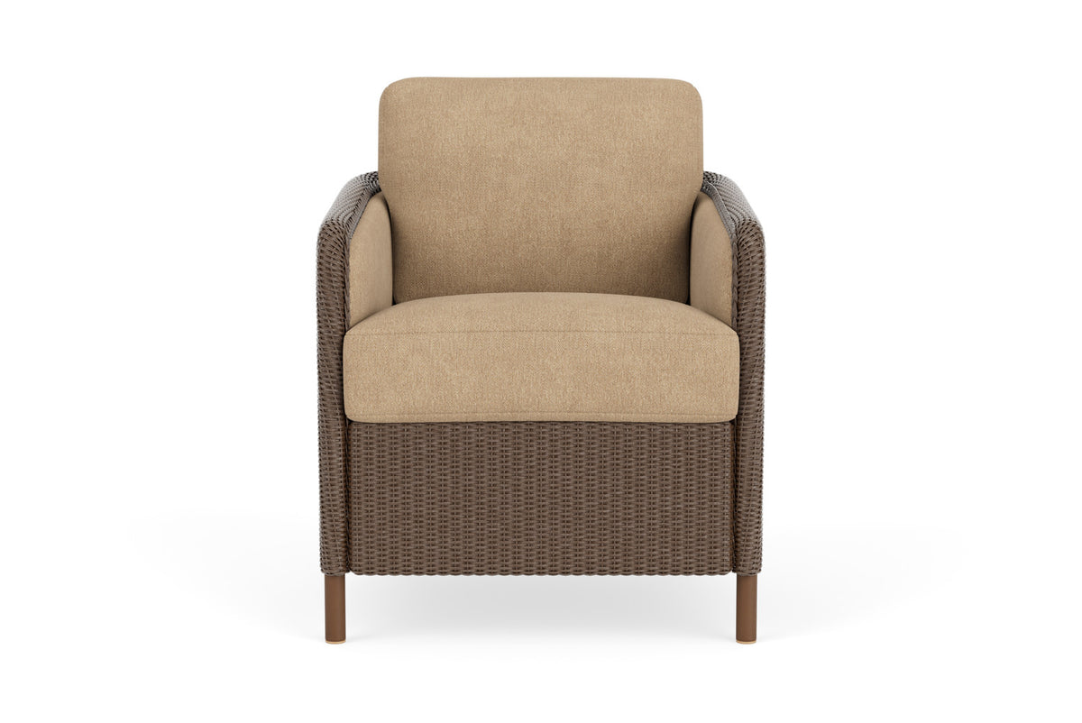 Lloyd Flanders Visions Dining Armchair in Bark with Hayden Sand fabric