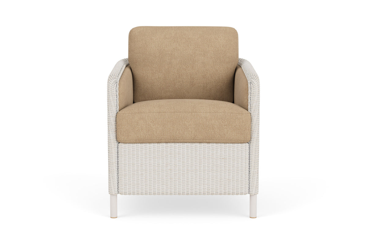 Lloyd Flanders Visions Dining Armchair in Antique White with Hayden Sand fabric