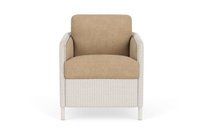 Lloyd Flanders Visions Dining Armchair in Antique White with Hayden Sand fabric