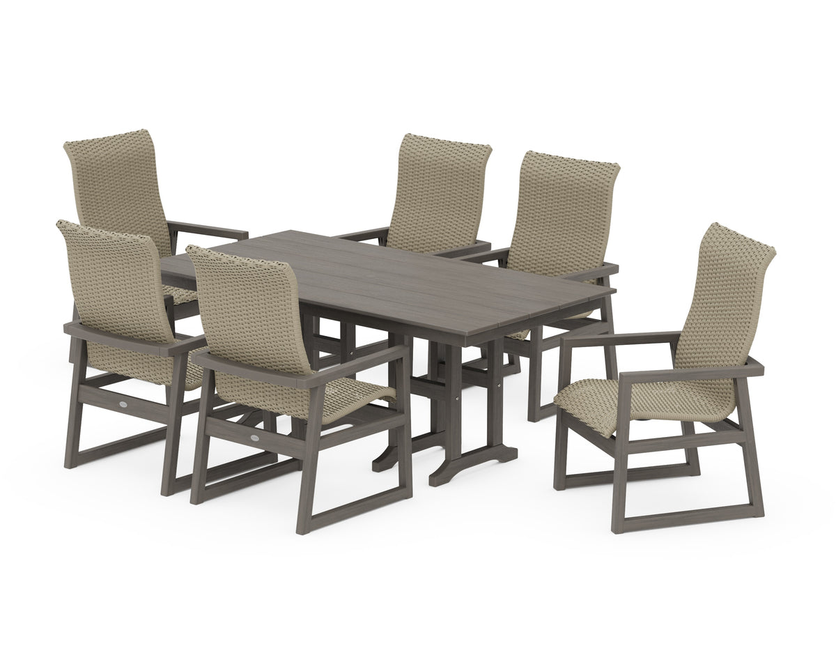 POLYWOOD EDGE Woven High-Back Arm Chair 7-Piece Farmhouse Dining Set in Driftwood / Dune Grass