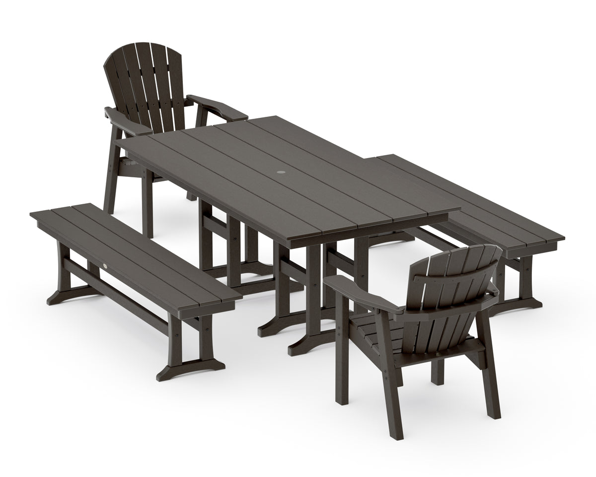 POLYWOOD Seashell 5-Piece Farmhouse Dining Set with Benches in Vintage Coffee