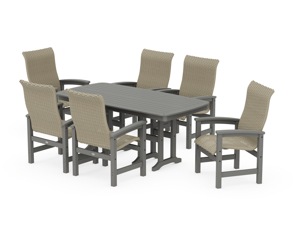 POLYWOOD Coastal Woven High-Back Arm Chair 7-Piece Dining Set in Slate Grey / Dune Grass