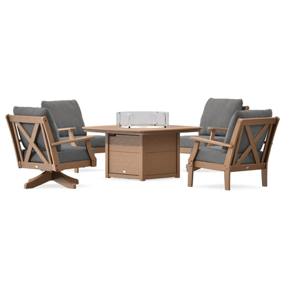 POLYWOOD Braxton 5-Piece Deep Seating Set with Fire Table in Teak