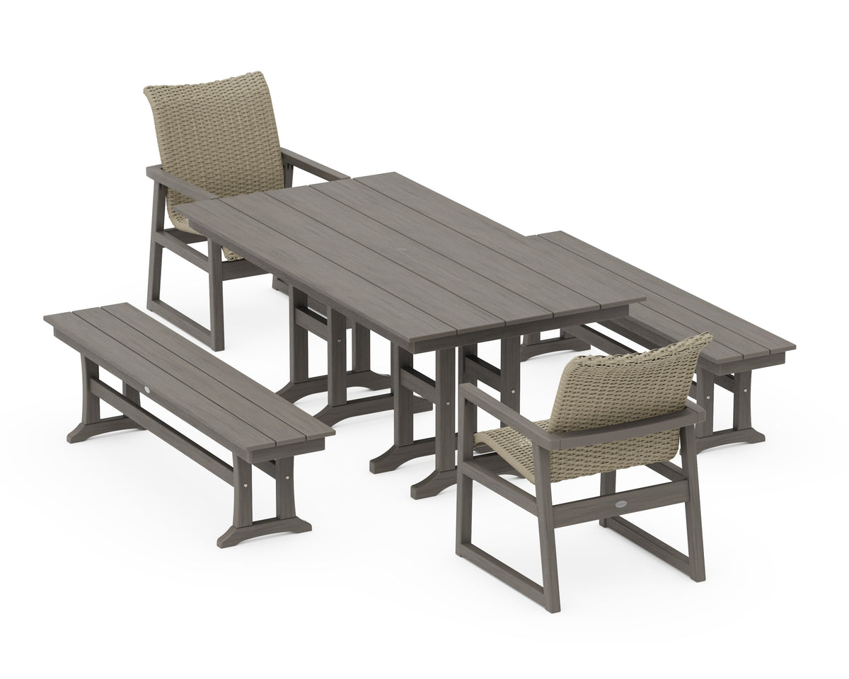 POLYWOOD EDGE Woven 5-Piece Farmhouse Dining Set with Benches in Driftwood / Dune Grass