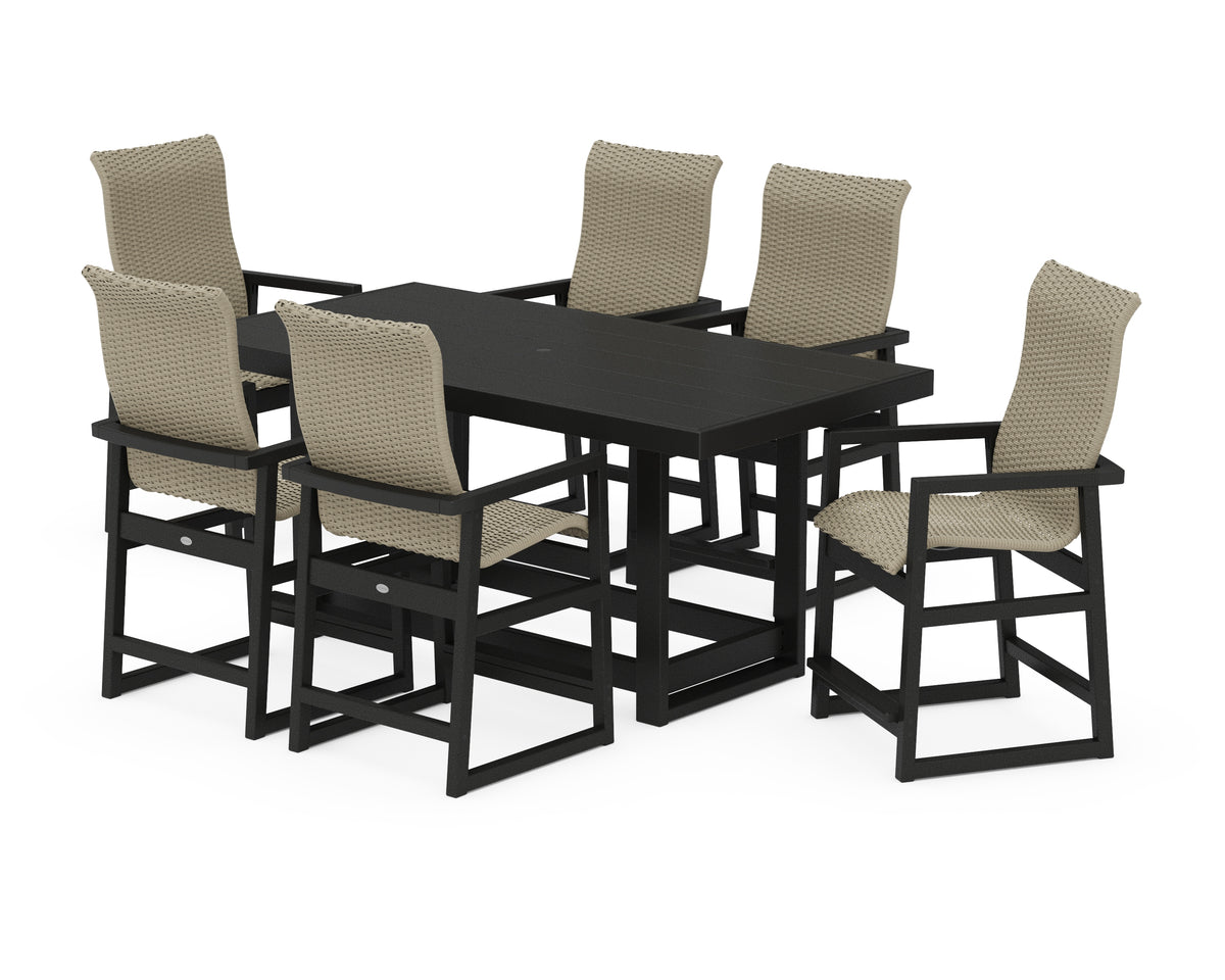 POLYWOOD EDGE Woven Highback Arm Chair 7-Piece Counter Set in Black / Dune Grass