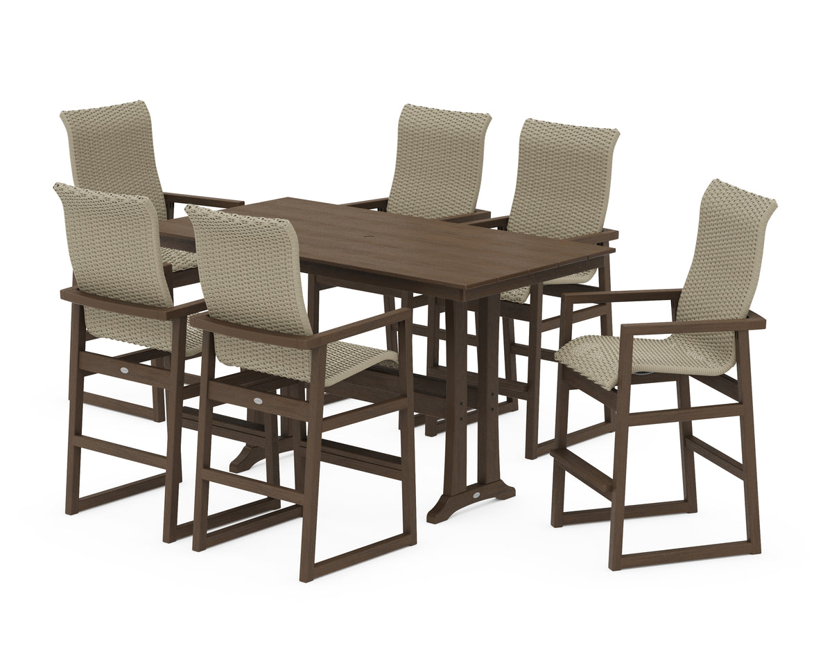 POLYWOOD EDGE Woven Highback Arm Chair 7-Piece Farmhouse Bar Set with Trestle Legs in Kona / Dune Grass