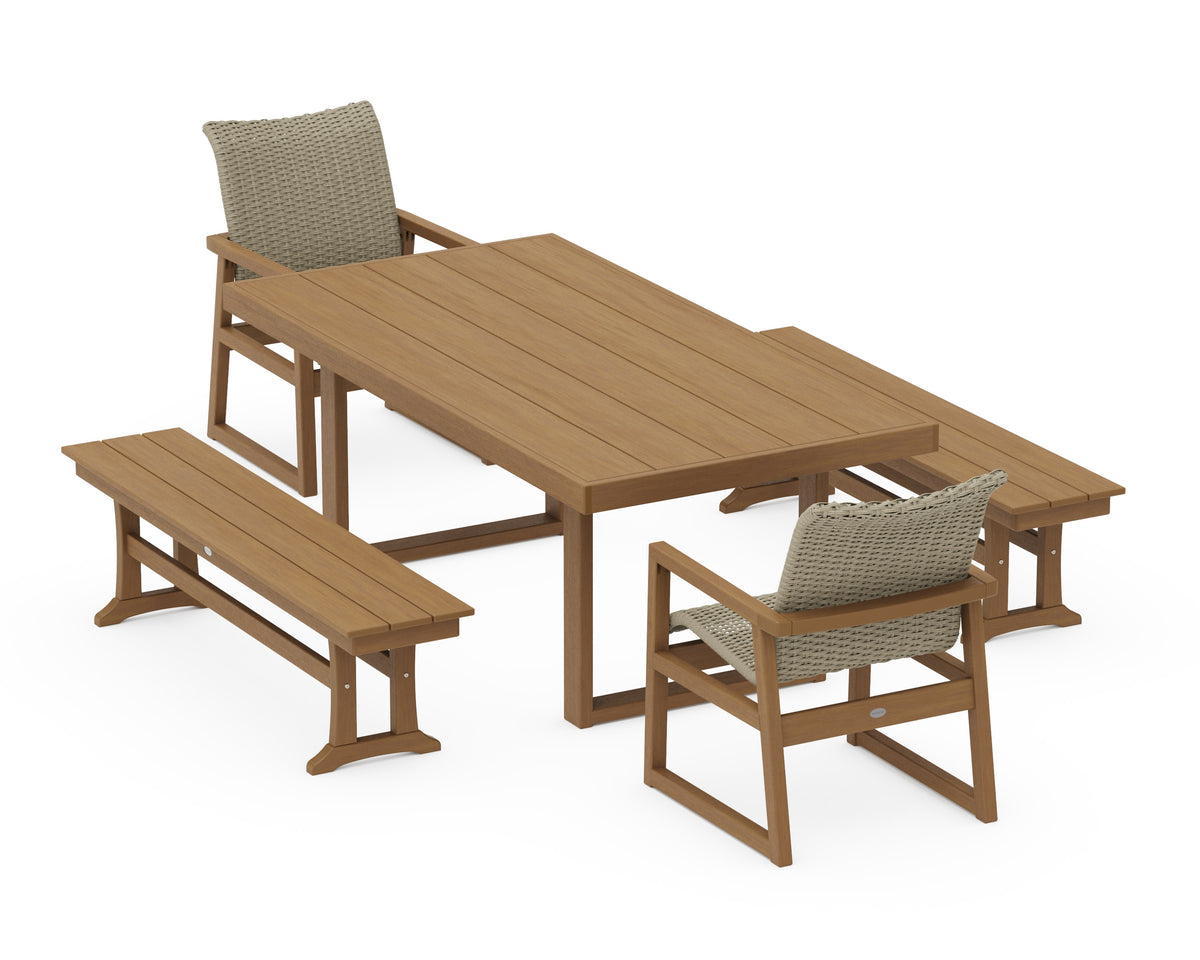 POLYWOOD EDGE Woven 5-Piece Dining Set with Benches in Natural / Dune Grass