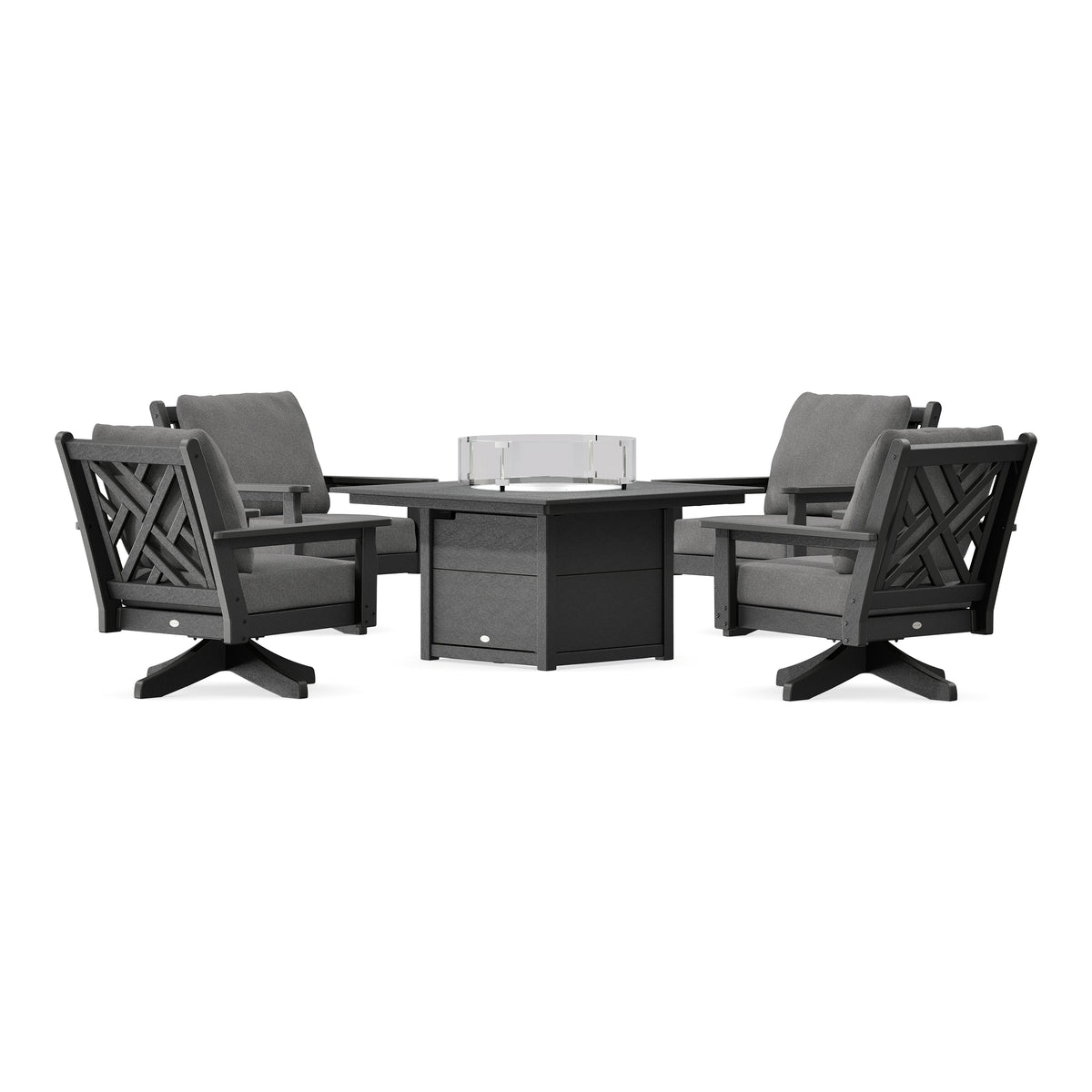 POLYWOOD Chippendale 5-Piece Deep Seating Swivel Conversation Set with Fire Pit Table in Black