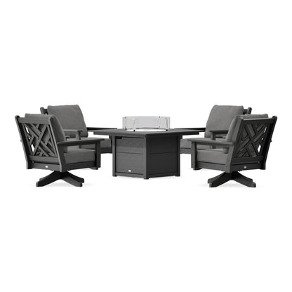 POLYWOOD Chippendale 5-Piece Deep Seating Swivel Conversation Set with Fire Pit Table in Black