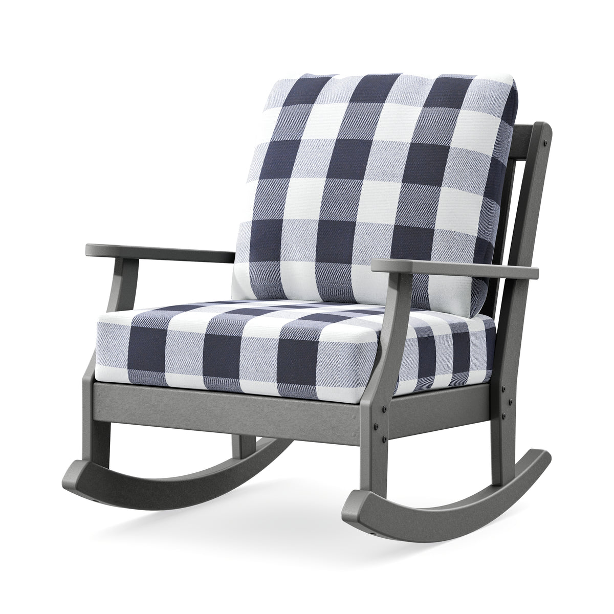 POLYWOOD Braxton Deep Seating Rocking Chair in Slate Grey / Buffalo Plaid Navy