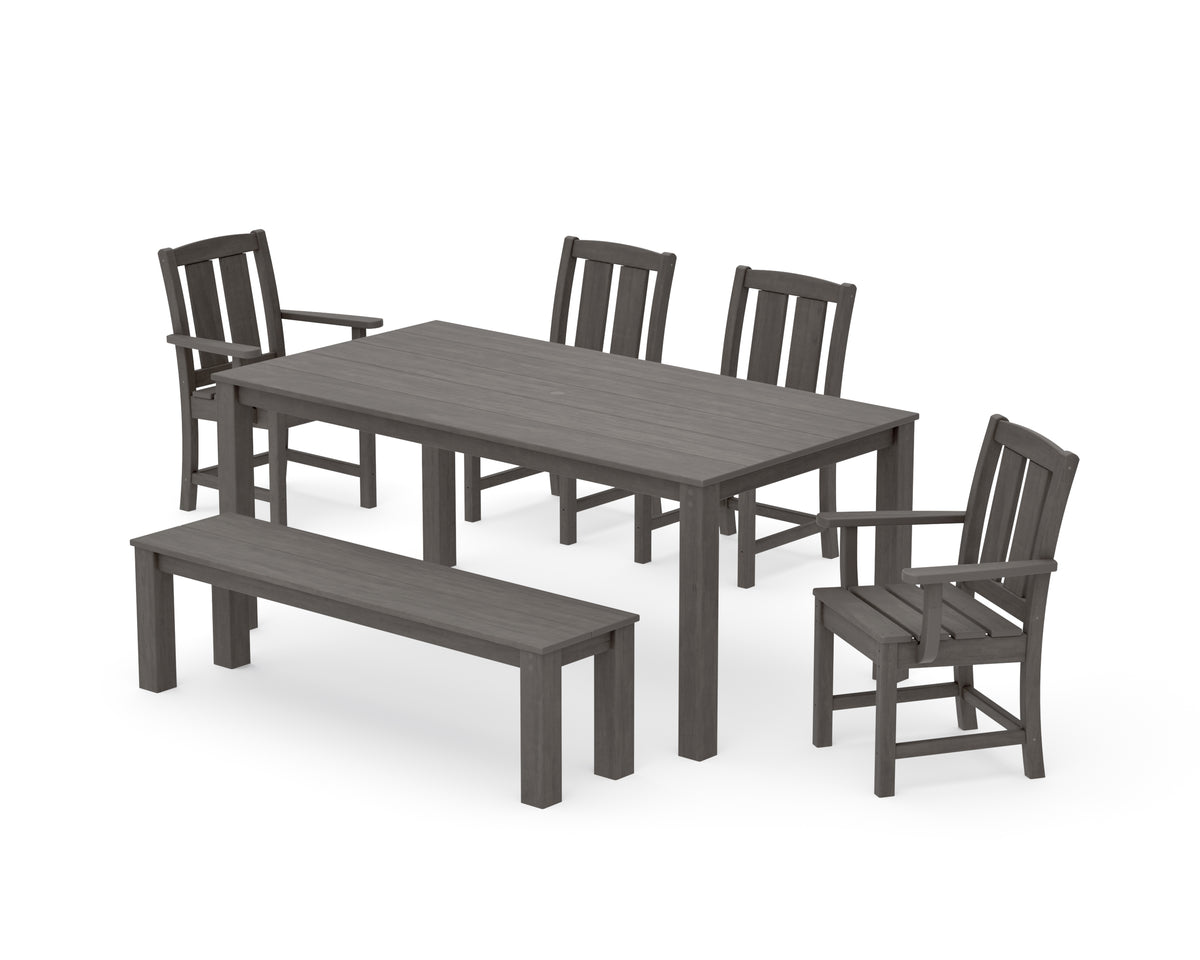 POLYWOOD Mission 6-Piece Parsons Dining Set with Bench with Mission Dining Side Chair in Driftwood
