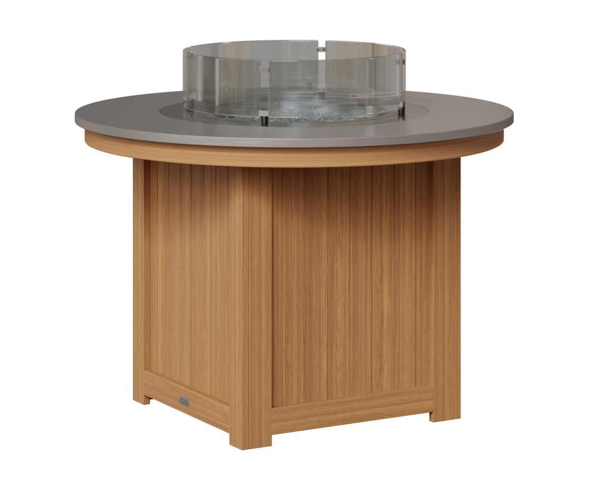 Berlin Gardens Donoma 44" Round Fire Table Dining in Natural Teak, Hammered Stainless top