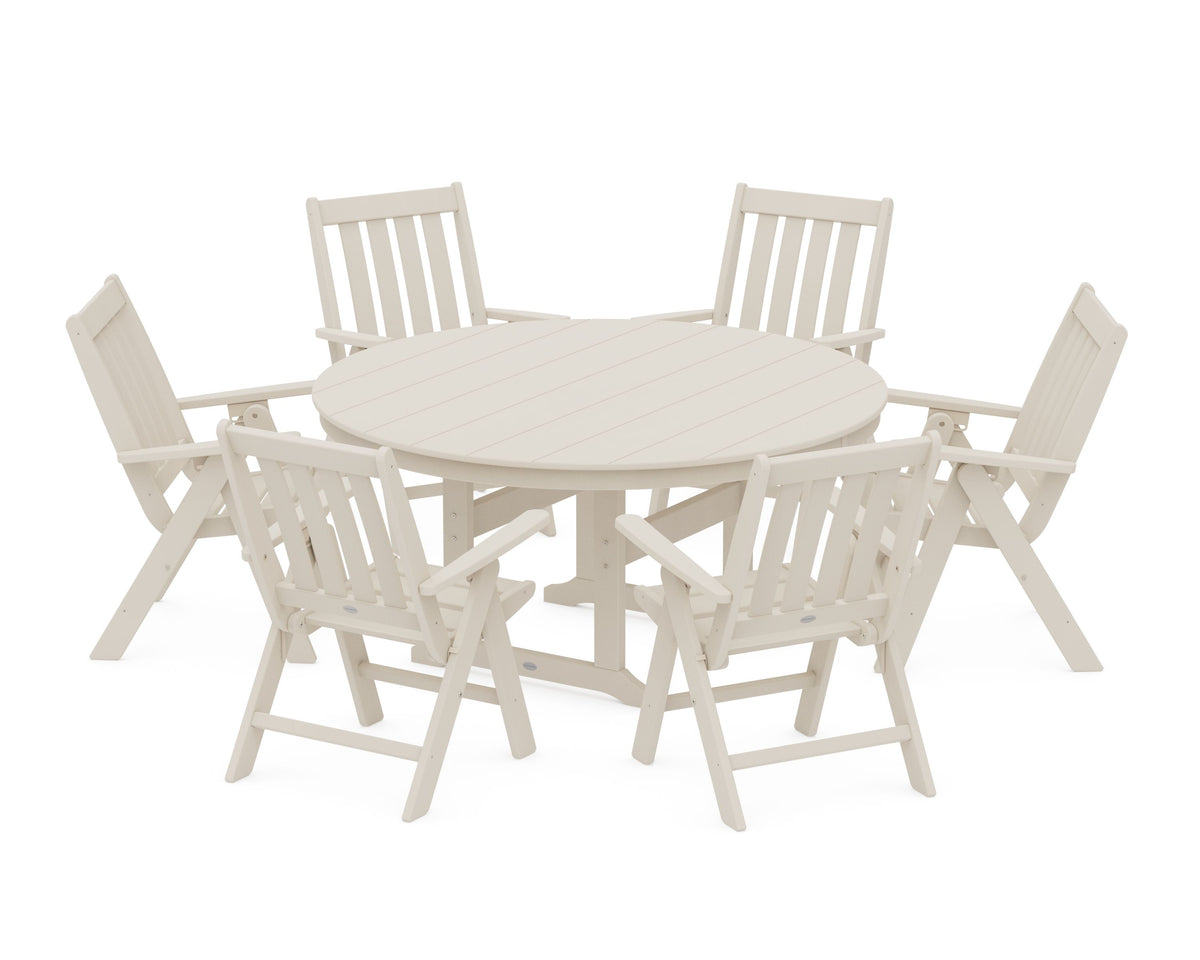 POLYWOOD Vineyard 7-Piece Folding Chair Round Farmhouse Dining Set in Sand