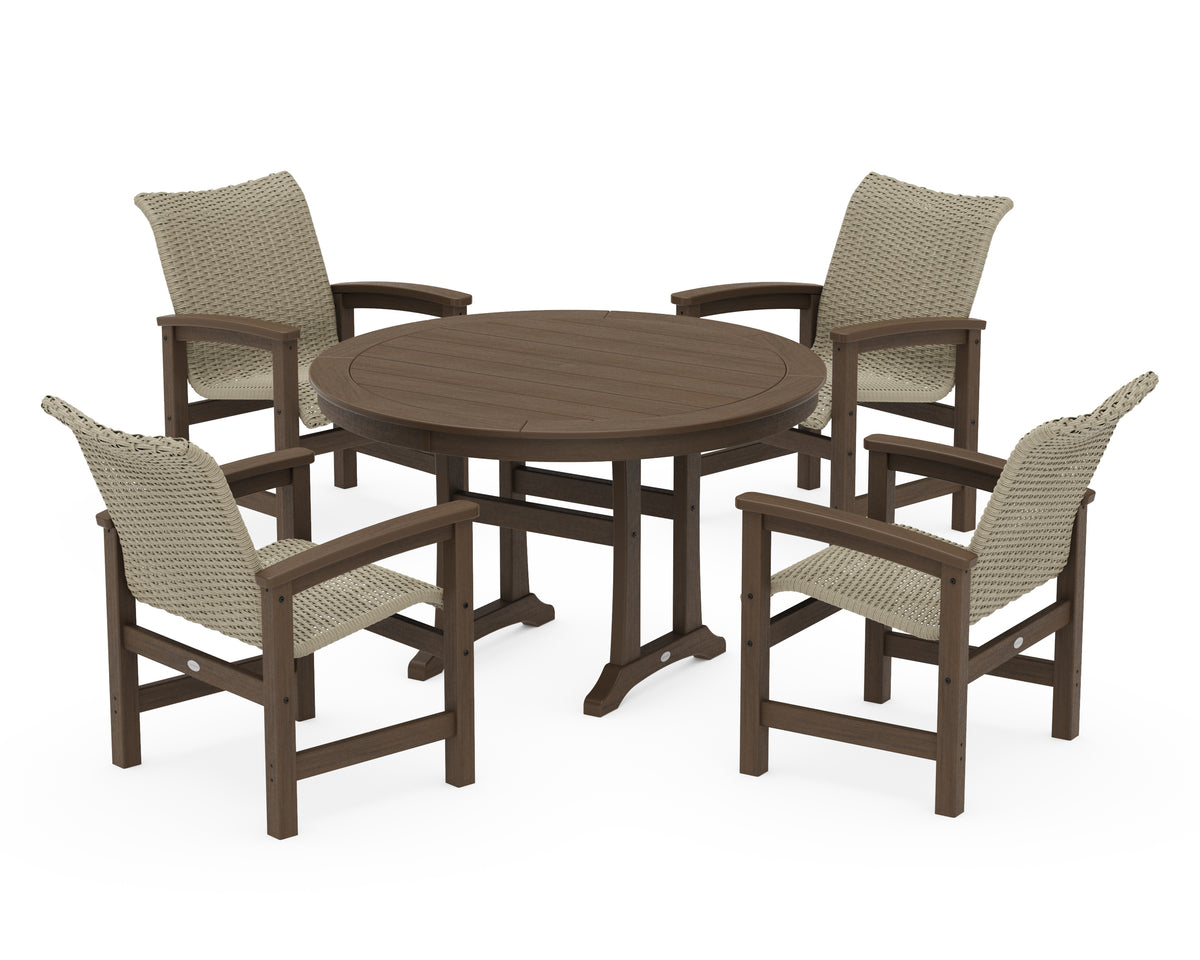 POLYWOOD Coastal Woven 5-Piece Round Dining Set with Trestle Legs in Kona / Dune Grass