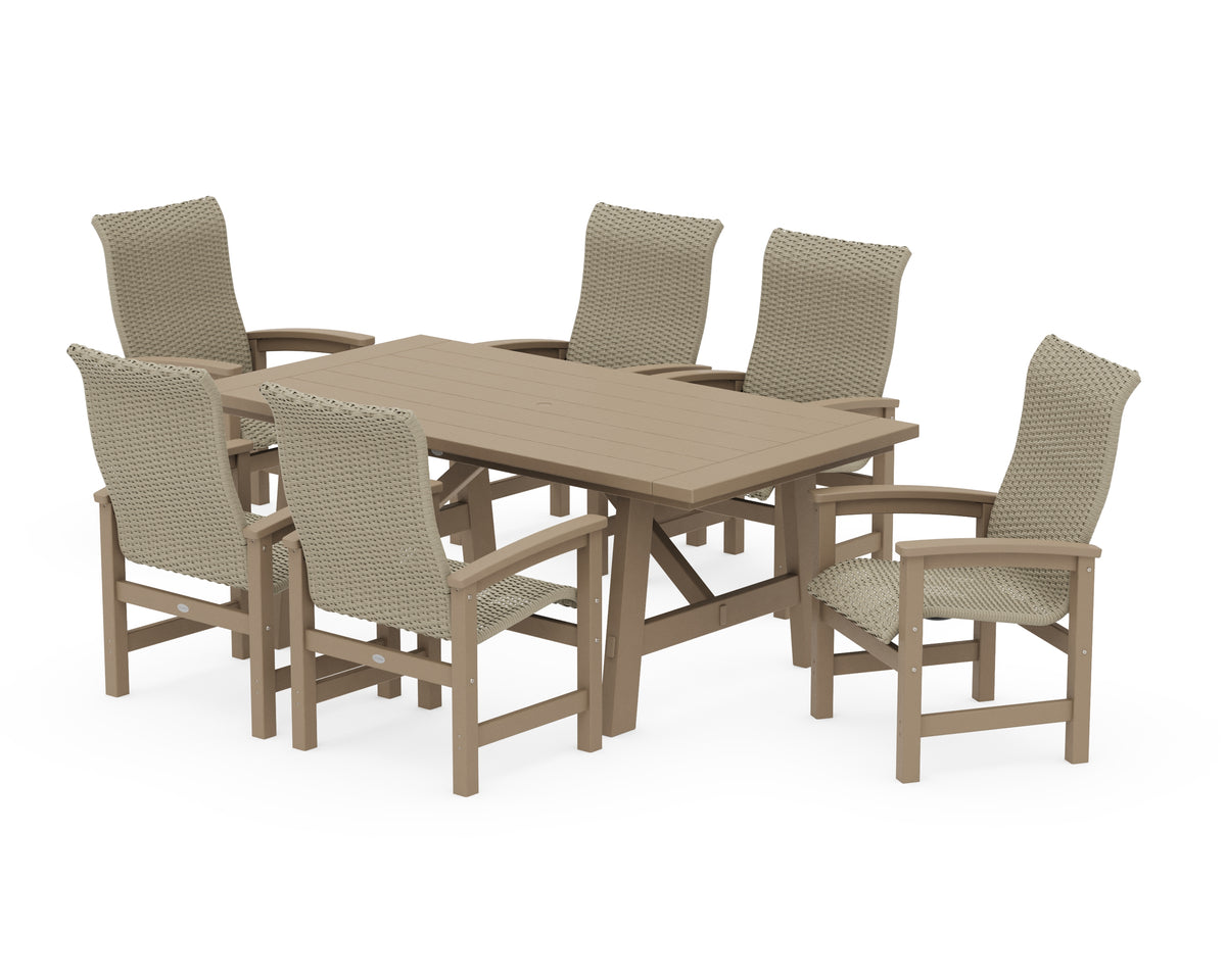 POLYWOOD Coastal Woven High-Back Arm Chair 7-Piece Rustic Farmhouse Dining Set in Vintage Sahara / Dune Grass
