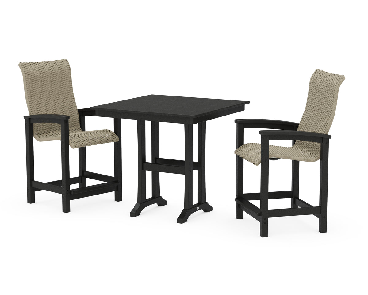 POLYWOOD Coastal Woven High-Back 3-Piece Farmhouse Counter Set with Trestle Legs in Black / Dune Grass