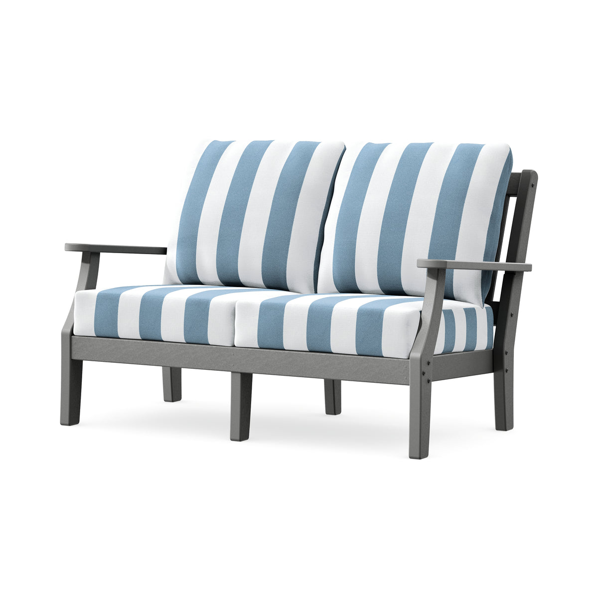 POLYWOOD Chinoiserie Deep Seating Loveseat in Slate Grey / Cabana Stripe Sky Blue