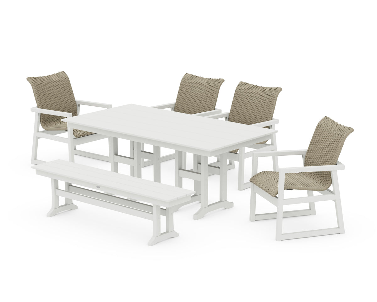 POLYWOOD EDGE Woven 6-Piece Farmhouse Dining Set with Bench in Vintage White / Dune Grass