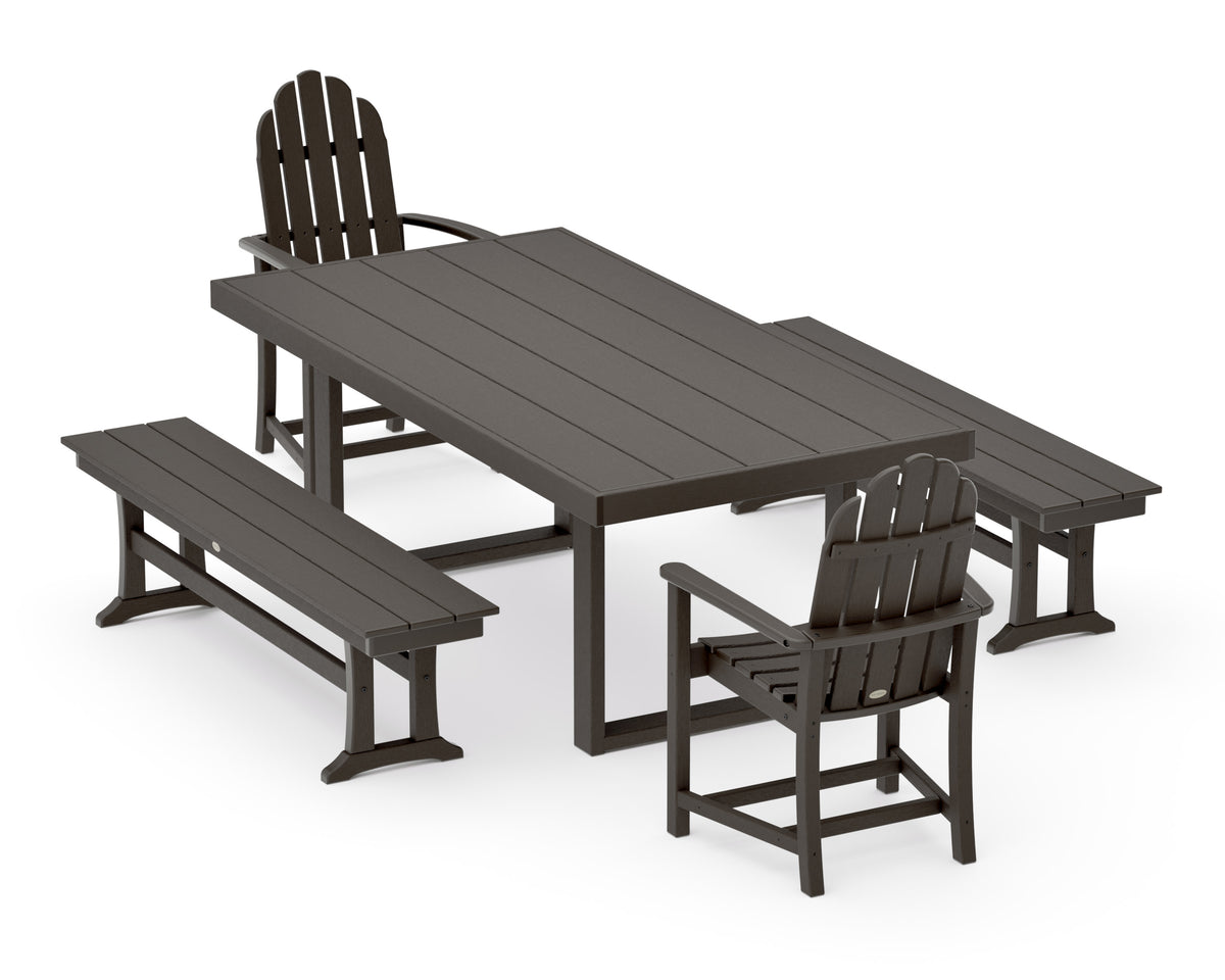 POLYWOOD Classic Adirondack 5-Piece Dining Set with Benches - 39" x 78" Table in Vintage Coffee