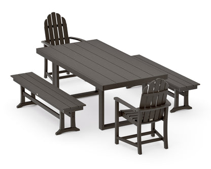 POLYWOOD Classic Adirondack 5-Piece Dining Set with Benches - 39" x 78" Table in Vintage Coffee