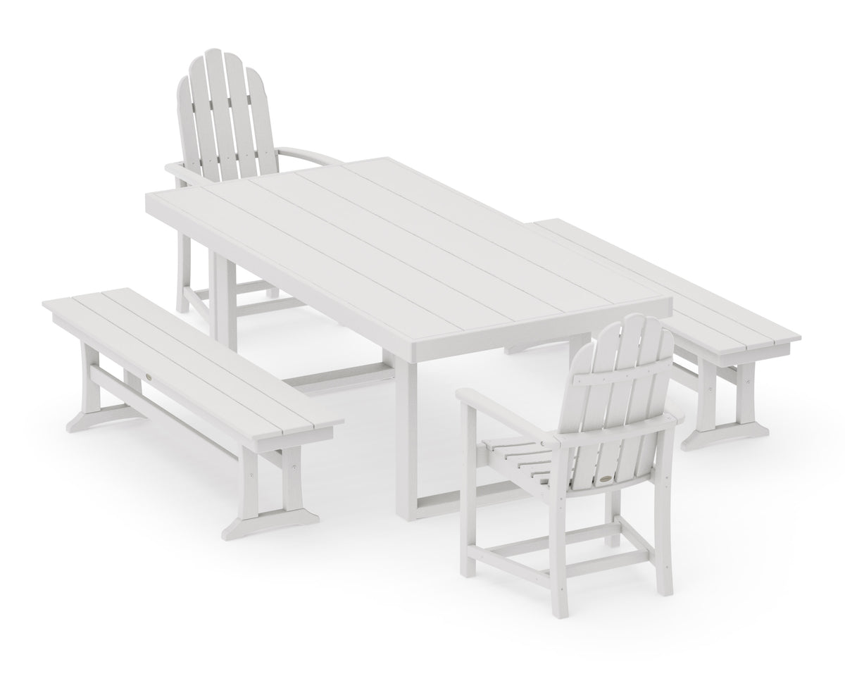 POLYWOOD Classic Adirondack 5-Piece Dining Set with Benches - 39" x 78" Table in Vintage White