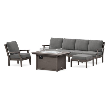 POLYWOOD Braxton Sectional Lounge and Fire Pit Set in Vintage Coffee