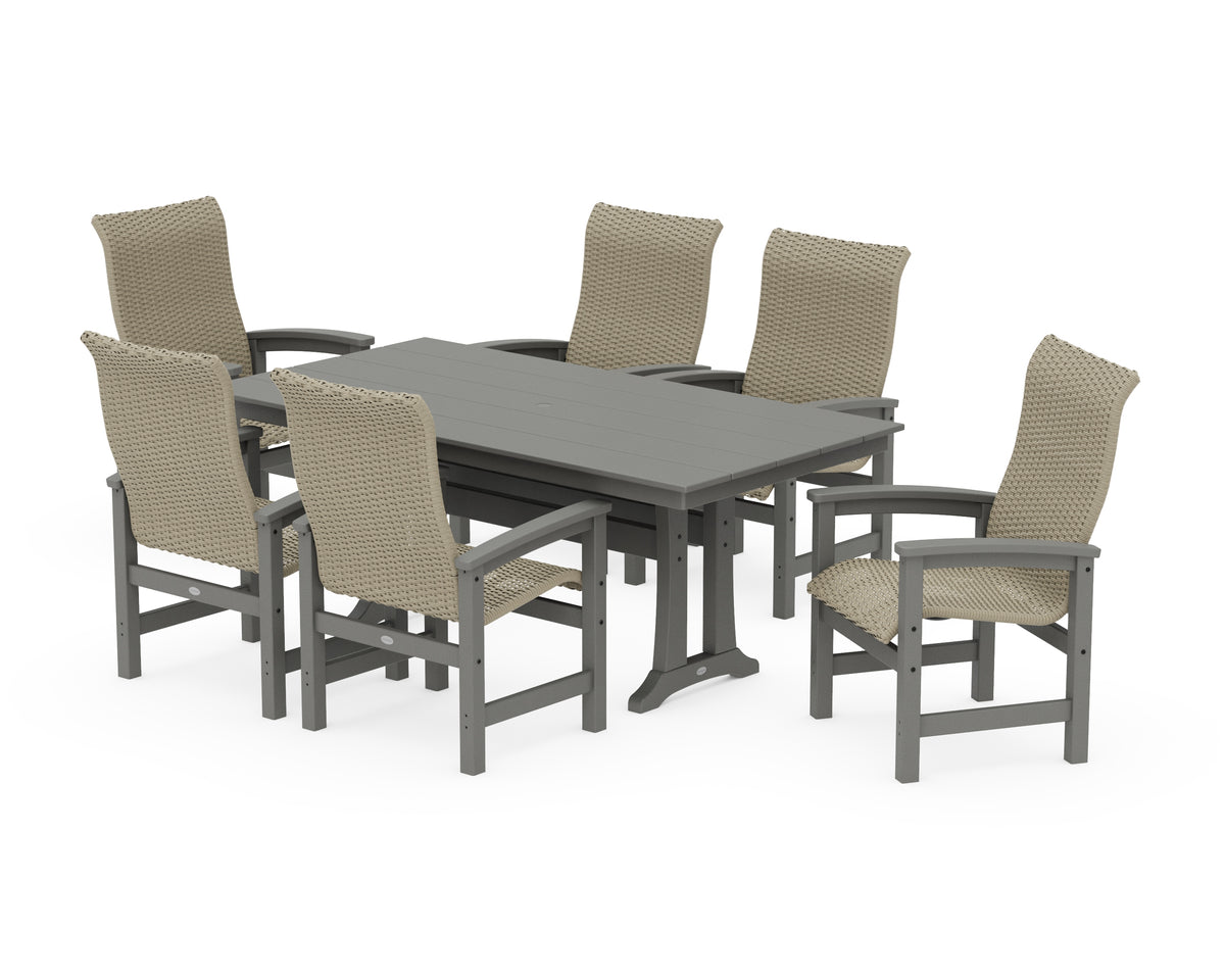 POLYWOOD Coastal Woven High-Back Arm Chair 7-Piece Farmhouse Dining Set with Trestle Legs in Slate Grey / Dune Grass