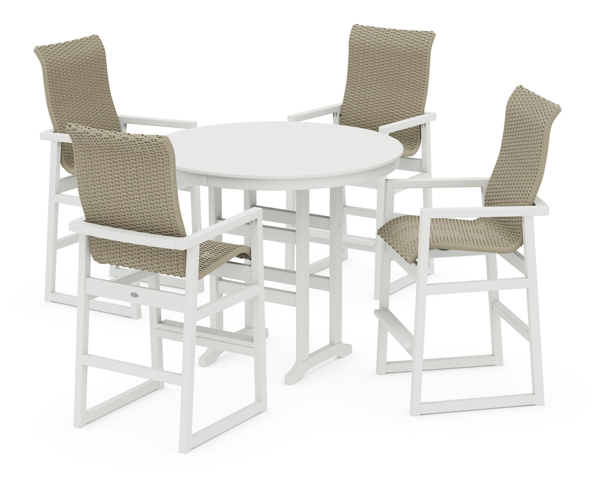 POLYWOOD EDGE Woven Highback 5-Piece Round Farmhouse Bar Set in Vintage White / Dune Grass