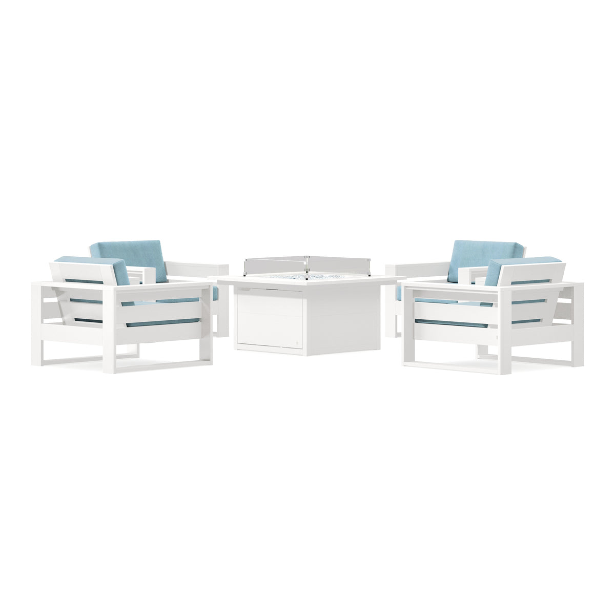 POLYWOOD PW Designer Series Latitude 5-Piece Lounge Fire Table Set in Vintage White / Lattice Sky Blue