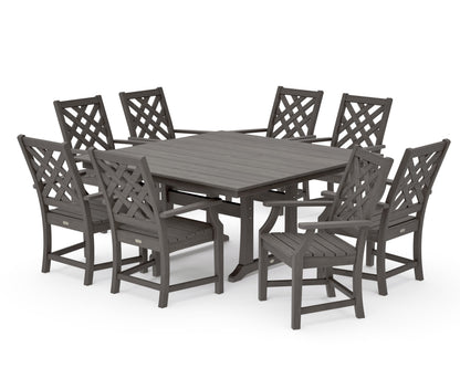 POLYWOOD Wovendale 9-Piece Square Farmhouse Dining Set with Trestle Legs in Driftwood