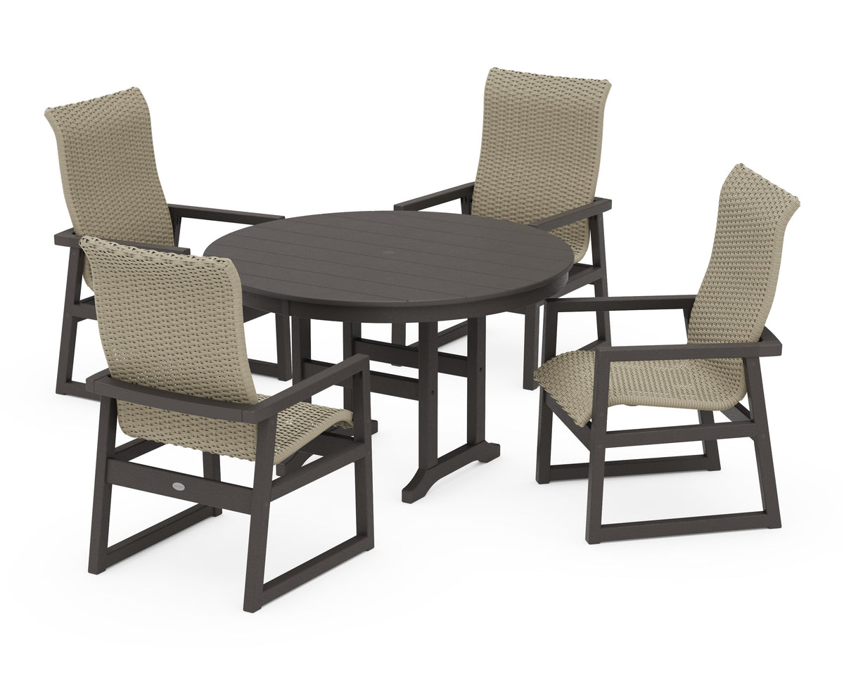 POLYWOOD EDGE Woven High-Back 5-Piece Round Farmhouse Dining Set in Vintage Coffee / Dune Grass